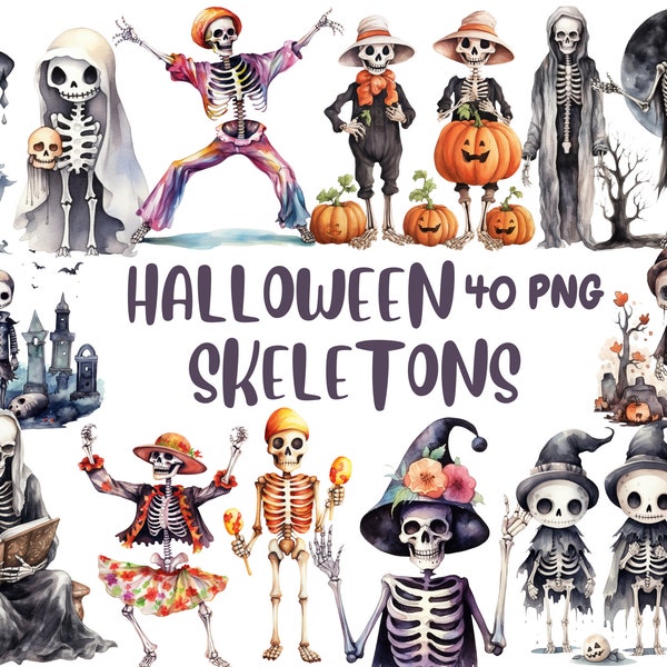 Watercolor Halloween Skeletons Clipart | Skeleton, Pumpkin, Bat Halloween Decor | 40 PNG Graphics | Instant Download for Commercial Use