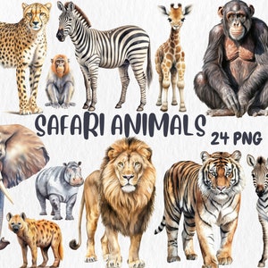 Imágenes prediseñadas de animales de safari en acuarela / Imágenes prediseñadas de safari / Ilustraciones de leones, cebras e hipopótamos / Gráficos PNG / Descarga instantánea para uso comercial