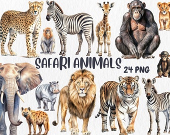 Watercolor Safari Animals Clipart | Safari Clip Art | Lion, Zebra, Hippo Illustrations | PNG Graphics | Instant Download for Commercial Use