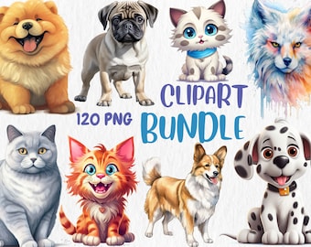 Aquarell Hunde & Katzen Clipart Bundle: 120 PNG Tier Grafiken (Digitaler Download)