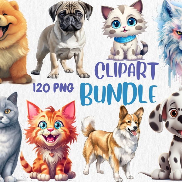 Watercolor Dogs, Cats, Puppies, Kittens Clipart Mega Bundle | 120 PNG Graphics | Painted Animals | Instant Download for Commercial Use