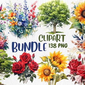 Mega Bundle de Clipart Floral Aquarela | 138 Gráficos PNG | Árvores, Girassóis, Florais Selvagens, Rosas Vermelhas | Download Instantâneo para Uso Comercial