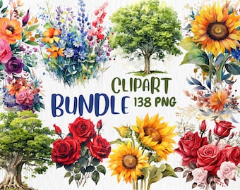 Aquarell Blumen Clipart Bündel: Rosen, Sonnenblumen, Bäume (138 PNG, digitaler Download)