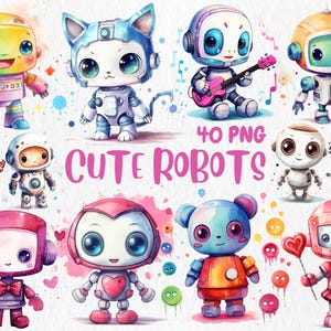 Watercolor Cute Robots Clipart | Futuristic Kawaii Tech-Themed Robots, Sci-Fi Baby Shower Illustrations | Instant Download, Commercial Use