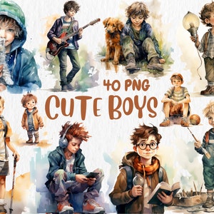 Imágenes prediseñadas de niños lindos en acuarela / Ilustraciones de niños pequeños, escolares y adolescentes, 40 imágenes PNG independientes, descarga instantánea para uso comercial