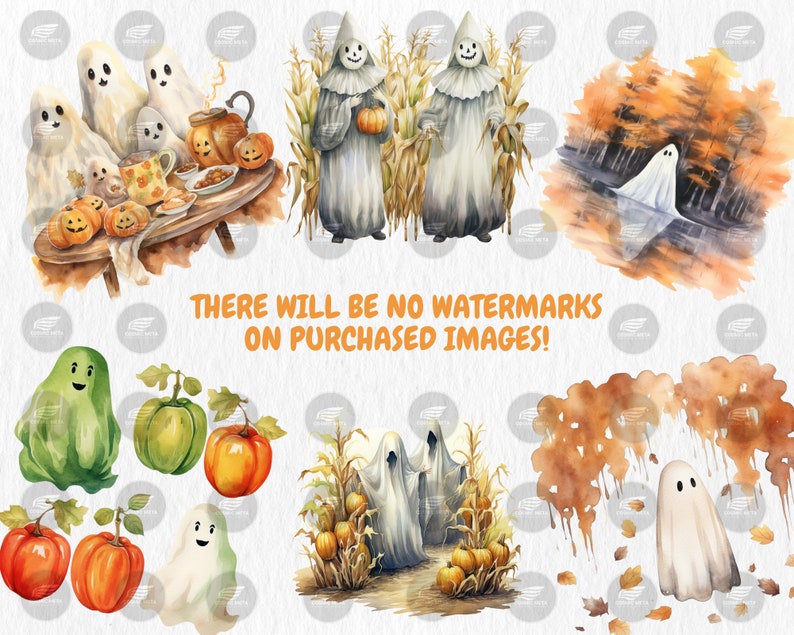 Watercolor Autumn Ghosts Clipart | Autumn Ghost Illustrations | Painted Ghost Clipart, 40 PNG Graphics, Instant Download for Commercial Use