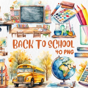 Imágenes prediseñadas de regreso a la escuela en acuarela / Ilustraciones de autobús escolar, mochila, lápiz y cuaderno / Gráficos PNG, descarga instantánea para uso comercial