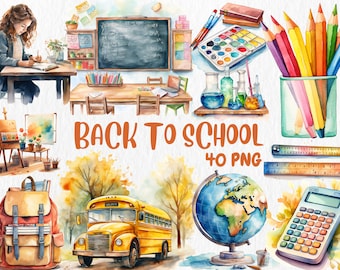 Watercolor Back To School Clipart | School bus, Backpack, Pencil, Notebook Illustrations | PNG Graphics, Instant Download for Commercial Use