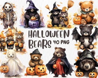 Watercolor Halloween Bears Clipart: 40 PNG Images (Digital Download)