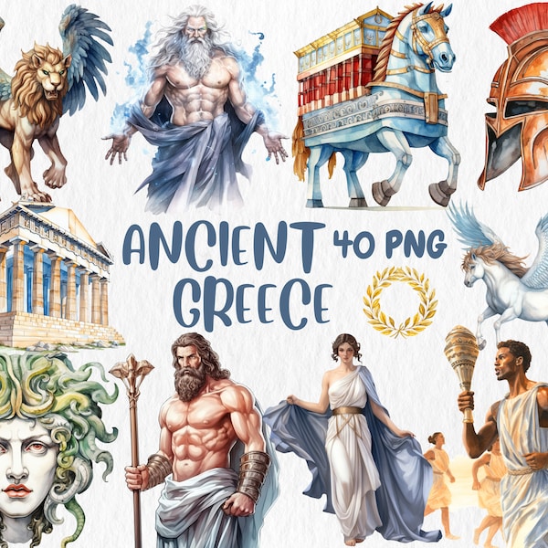 Watercolor Ancient Greece Clip Art | Greek Mythology Gods, Goddesses, Medusa, Hercules Illustration | Instant Download for Commercial Use