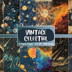 Seamless Vintage Celestial Digital Paper | Planets, Stars, Moon, Scrapbook Paper, Crafting, Printable | Instant Download for Commercial Use