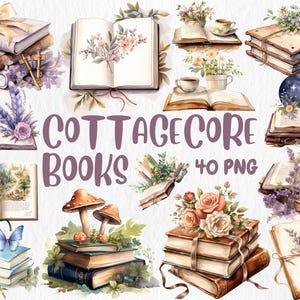 Watercolor Cottagecore Books Clipart | Reading, Transparent Background, 40 PNG, 300 DPI, Cozy Cottage Library Aesthetic, Commercial Use