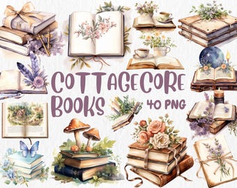 Clipart aquarel Cottagecore Books: gezellige bibliotheek, png (digitale download)