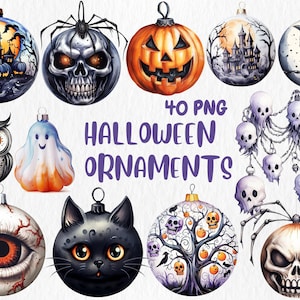 Akwarelowe ozdoby na Halloween Clipart | Dekoracje na imprezę Halloween, Dynia, Ilustracja nietoperza | Natychmiastowe pobranie do użytku komercyjnego