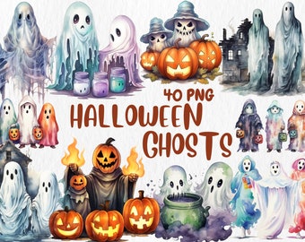 Watercolor Halloween Ghost Clipart: 40 PNG Spooky Illustrations (Digital Download)
