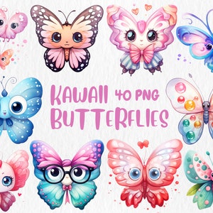 Aquarell Kawaii Schmetterlinge Clipart | Niedlich, bezaubernd, magisch, Fantasy Schmetterling Illustrationen | Sofort Download für kommerzielle Nutzung