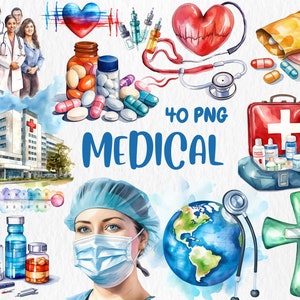 Aquarel medische clipart | Gezondheid, arts, verpleegkundige, ambulance, ziekenhuis, medicijnen Illustraties| Directe download voor commercieel gebruik