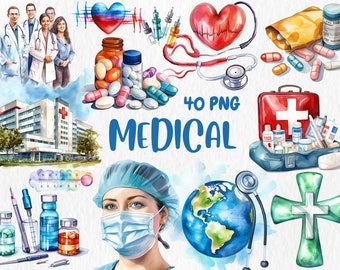 Watercolor Medical Clipart | Health, Doctor, Nurse, Ambulance, Hospital, Medicine Illustrations| Instant Download for Commercial Use