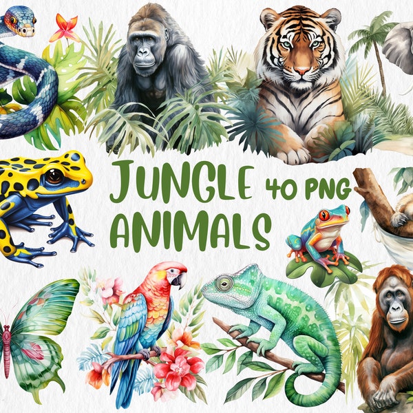 Watercolor Jungle Animals Clipart | Parrot, Tiger, Monkey, Frog, Sloth, Gorilla, Snake Illustrations | Instant Download for Commercial Use