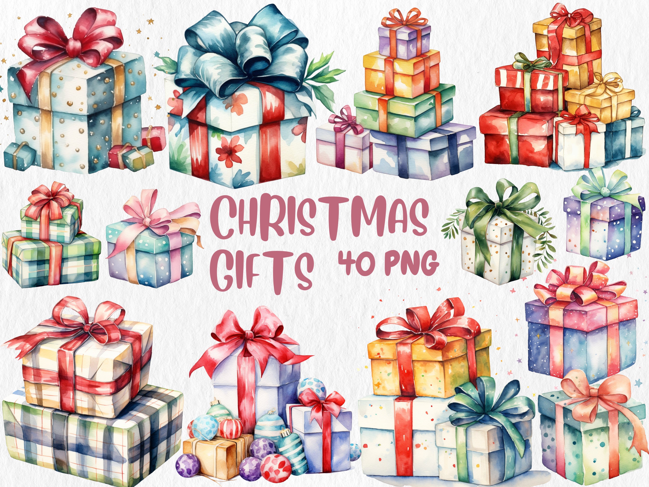 Watercolor Christmas Gifts and Presents Clipart | Holiday Decor, Xmas Decor, Gift Boxes Illustrations | Instant Download for Commercial Use