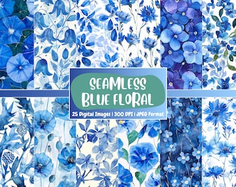 Blue Floral Digital Paper: Shabby Chic Scrapbook Backgrounds (Digital Download)
