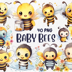 Watercolor Baby Bees Clipart | Flying, Buzzing, Cute, Adorable Baby Bee Illustrations | 40 PNG Graphics, Instant Download for Commercial Use