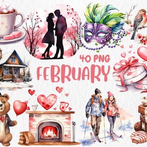 Clipart de acuarela de febrero / Decoración romántica, 14 de febrero, invierno, ilustraciones de San Valentín / Descarga instantánea para uso comercial