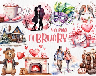 Aquarell Februar Clipart | Romantisches Dekor, 14 Februar, Winter, Valentinstag Illustrationen | Sofortiger Download für kommerzielle Nutzung