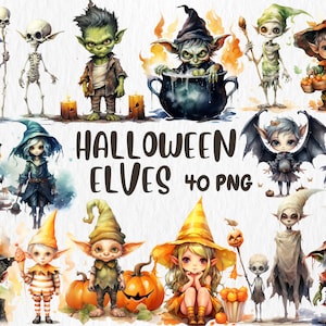 Puede incluir: Un conjunto de 40 ilustraciones de duendes de Halloween en formato PNG. Los duendes se representan en diversas poses y expresiones, vistiendo disfraces y sosteniendo accesorios como calabazas, calderos y caramelos.
