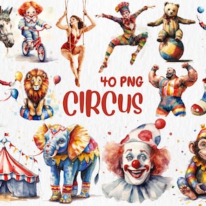 Watercolor Circus Clipart | Clown, Acrobat, Ringmaster, Popcorn Stand, Strongman, Tent Illustrations | Instant Download for Commercial Use