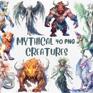 Clipart de Criaturas Míticas em Aquarela | Gráficos de Fantasia de Fadas, Ilustrações de Criaturas Mágicas | Download Instantâneo para Uso Comercial