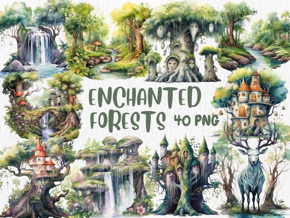 Watercolor Enchanted Forest Clipart: Fairy Garden Illustrations (Digital Download)