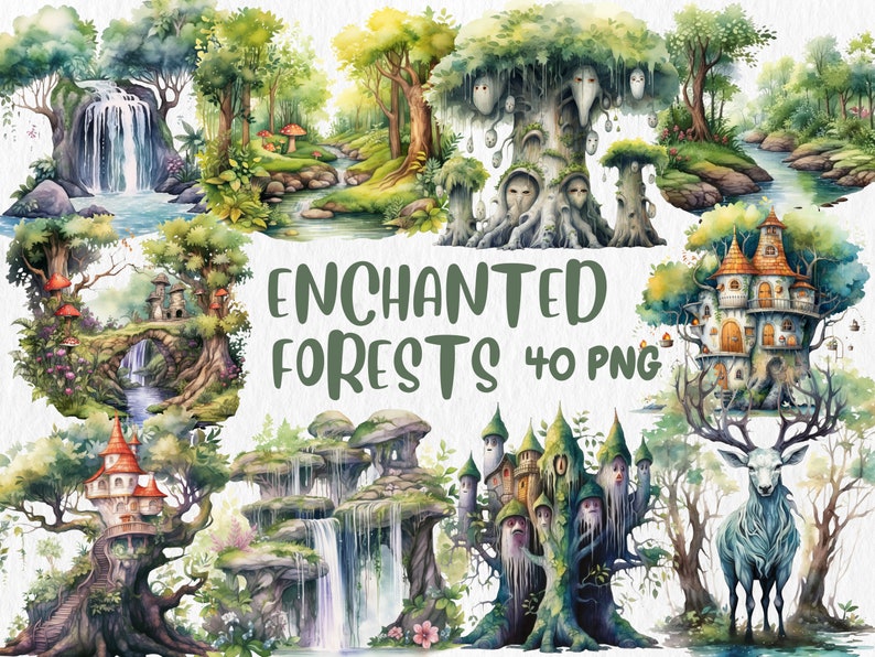 Watercolor Enchanted Forests Clipart | Fairy Garden and Tree, Magical Fantasy Woodland Illustrations | Instant Download for Commercial Use