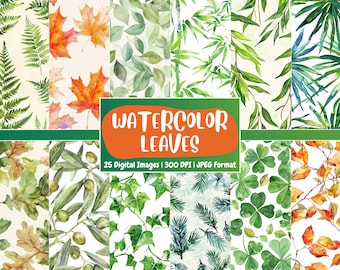 Papel digital de hojas de acuarela: Fondos verdes sin costuras (descarga digital)