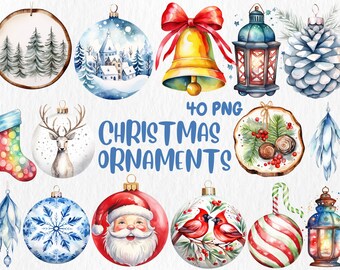 Adornos navideños en acuarela: ilustraciones festivas (descarga instantánea)