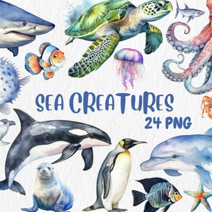 Aquarel zeedieren clipart | Octopus, pinguïn, schildpad, anemoonvis, oceaandieren Illustraties | Directe download voor commercieel gebruik