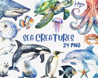 Watercolor Sea Creatures Clipart | Octopus, Penguin, Turtle, Clownfish, Ocean Animals Illustrations | Instant Download for Commercial Use