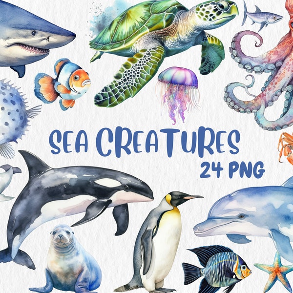 Clipart di creature marine dell'acquerello / Polpo, pinguino, tartaruga, pesce pagliaccio, illustrazioni di animali dell'oceano / Download istantaneo per uso commerciale