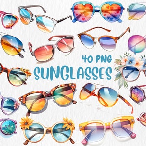 Watercolor Sunglasses Clipart | Aviator, Wayfarer, Round, Mirrored, Sport Sunglasses Illustrations | Instant Download for Commercial Use