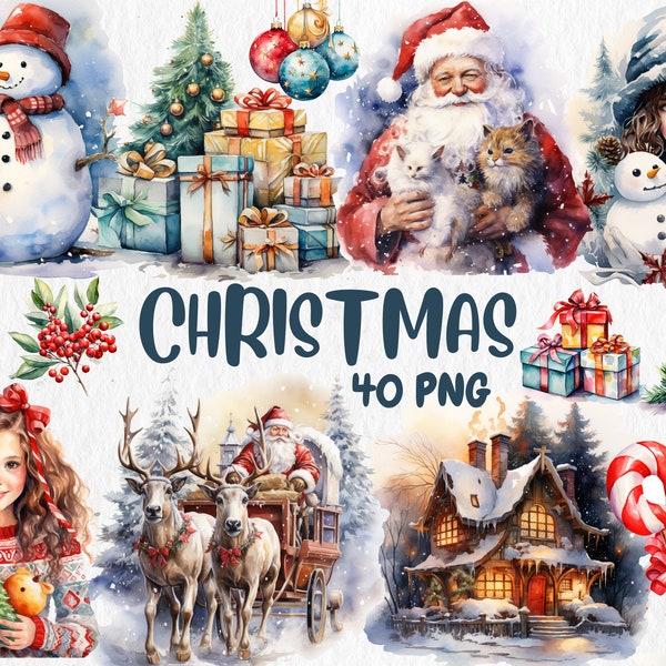 Aquarel kerst clipart | Geschilderde kerst clipart | Kerstillustraties | PNG-afbeeldingen | Direct downloaden voor commercieel gebruik