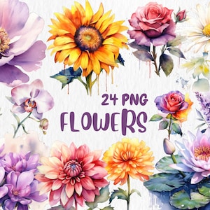 Aquarell Blumen Clipart | Ringelblume, Rose, Lotus, Zinnie, Hortensie, Sonnenblume, Orchidee Illustrationen | Sofort Download für kommerzielle Nutzung