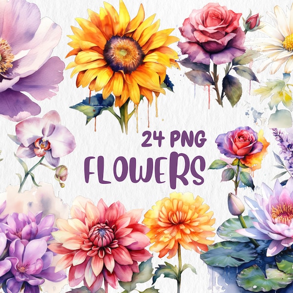 Watercolor Flowers Clipart | Marigold, Rose, Lotus, Zinnia, Hydrangea, Sunflower, Orchid Illustrations | Instant Download for Commercial Use