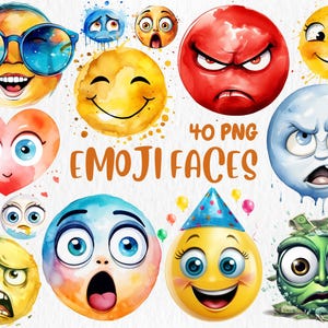 Watercolor Emoji Faces Clipart | Face Expressions, Smile, Smiley, Angry, Happy Emotion Illustrations | Instant Download for Commercial Use
