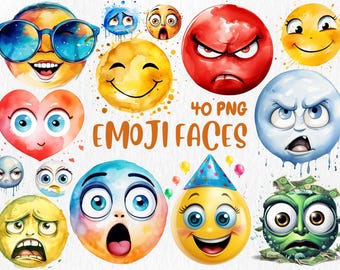 Watercolor Emoji Clipart: Happy, Angry, & Sad Faces (Digital Download)