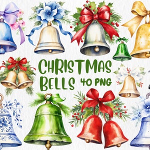 Watercolor Christmas Bells Clipart: Festive Holiday Graphics (Instant Download)
