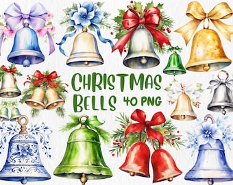 Watercolor Christmas Bells Clipart: Festive Holiday Graphics (Instant Download)