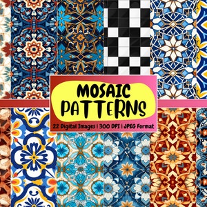 May include: A set of 22 digital mosaic patterns in JPEG format, featuring intricate geometric designs in vibrant colors like blue, red, yellow, and white. The patterns are perfect for creating unique backgrounds, textures, and designs for various projects.