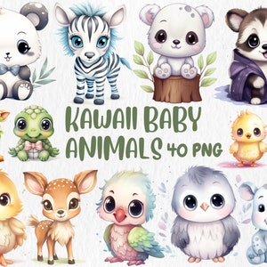 Clipart de animais bebês Kawaii em aquarela | Ilustrações fofas e adoráveis de pandas, leões, pinguins e golfinhos | Download instantâneo para uso comercial