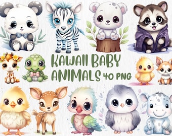 Watercolor Kawaii Baby Animals Clipart | Cute Adorable Panda, Lion, Penguin, Dolphin Illustrations | Instant Download for Commercial Use