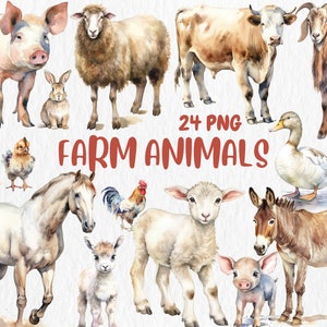 Clipart de animais de fazenda em aquarela | Ilustrações de cavalo, burro, porco, vaca, coelho, pato, galo, ovelha | Download instantâneo para uso comercial